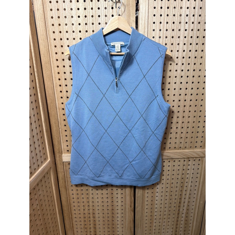 Fairway & Greene Mens 100% Wool Argyle Quarter Zip Sweater Vest Light Blue L‎